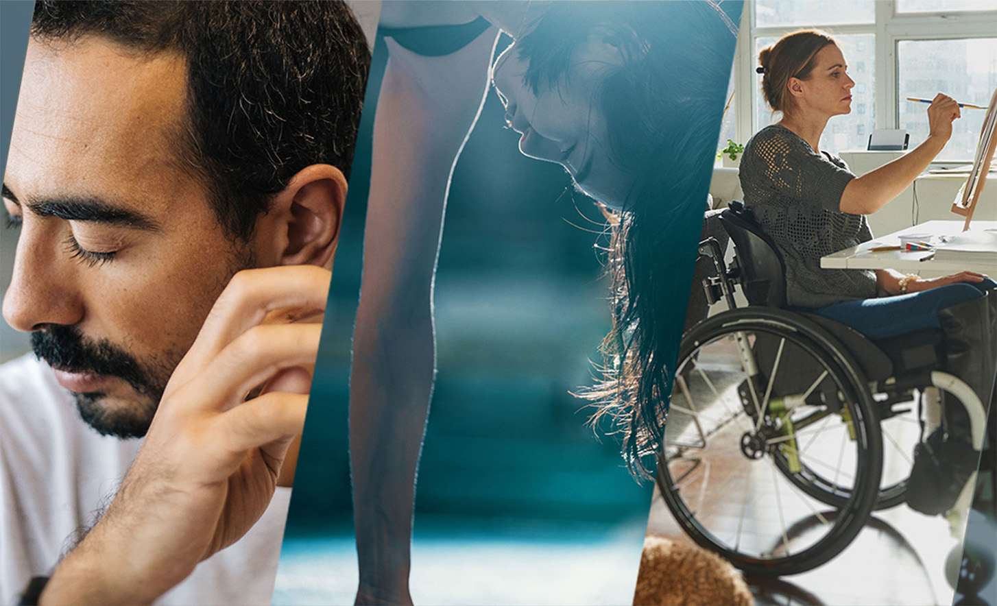 שלוש תמונות מאוחדות, שמציגות מישהו עם עיניים עצומות, מישהו שעומד על הידיים ומישהו בכיסא גלגלים מצייר על קנבס.