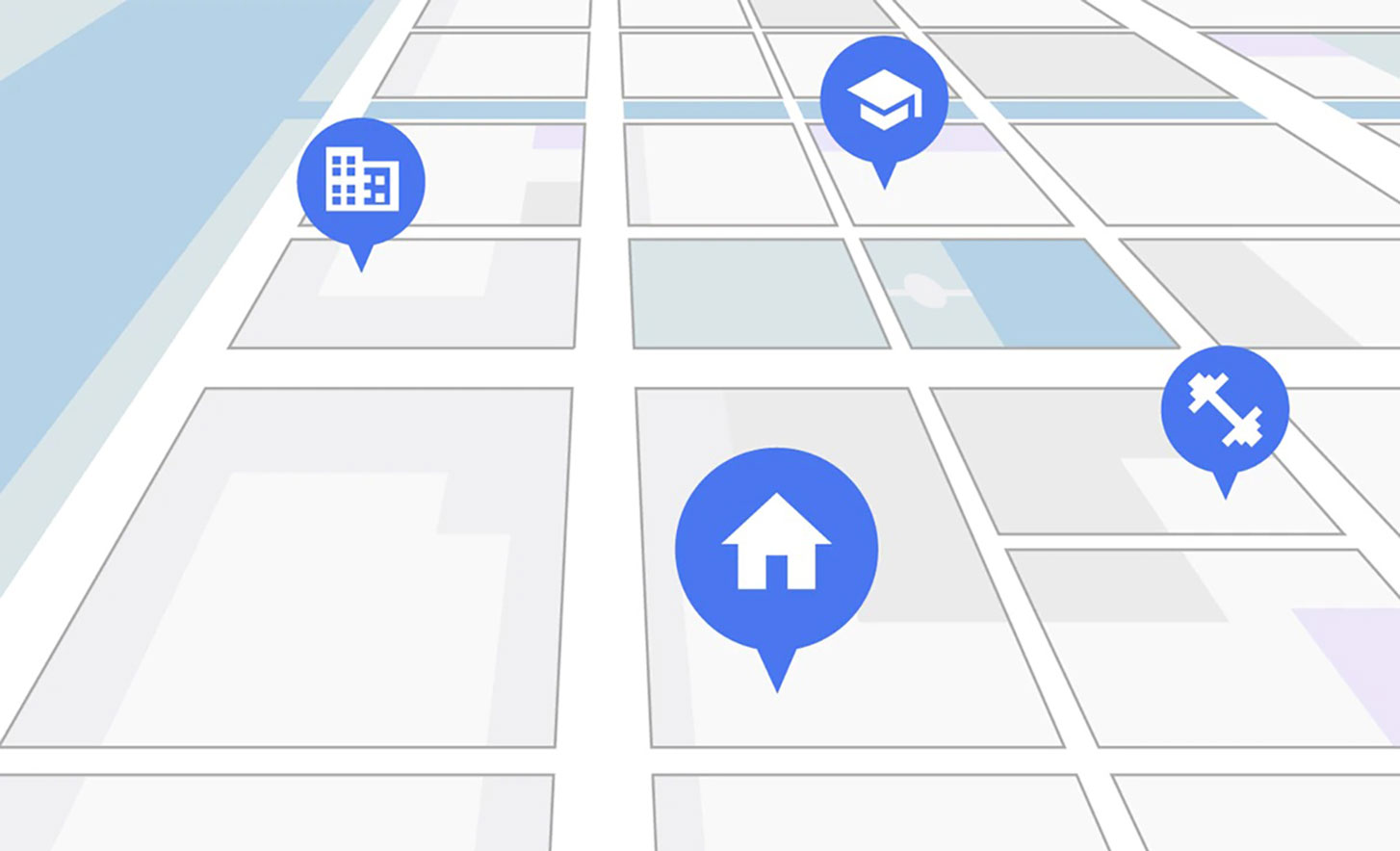 תמונה של מפה דיגיטלית עם סיכות בצבע כחול המייצגות את הבית, חדר הכושר, המשרד ובית הספר