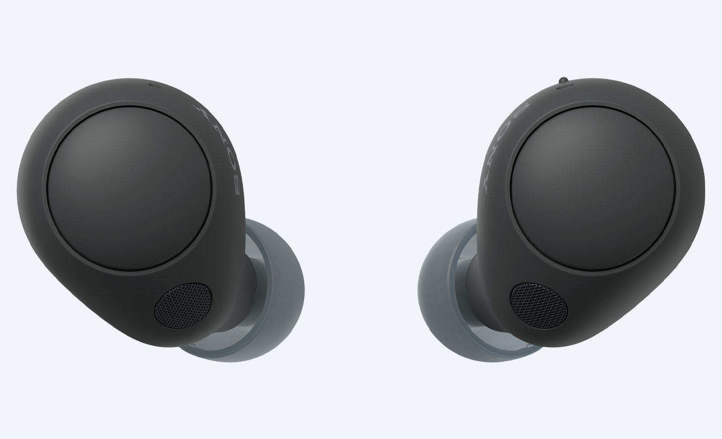 תמונת תקריב של החלק האחורי של זוג אוזניות שחורות אלחוטיות עם ביטול רעשים WF-C700N