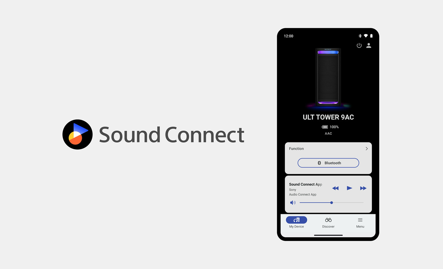 לוגו Sound Connect ליד תמונה של טלפון נייד עם היישום Sony Connect פתוח ובשימוש כשהוא גלוי במסך