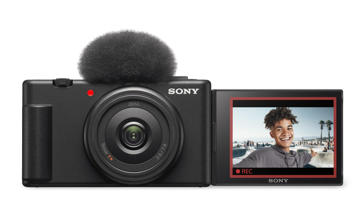 תמונה של ZV-1F עם מגן רוח מחובר ומסך תצוגה פתוח