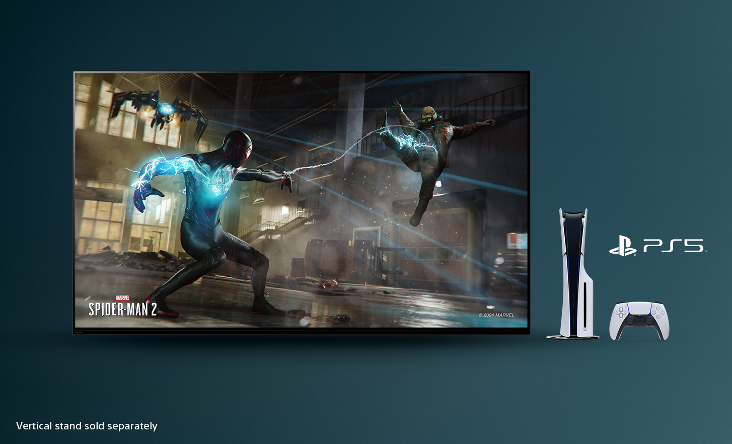 טלוויזיה עם צילום מסך של ספיידרמן 2 מבית Marvel ושל קונסולת PlayStation® 5 ובקר בצד ימין.