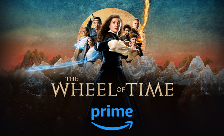 צילום מסך של דמויות מהתוכנית The Wheel of Time ולוגו Amazon Prime מתחת