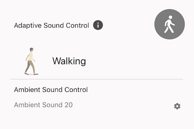 איור של בקרת קול מתכווננת המציג סמלי הליכה עם המילה 'Walking' ותכונת צליל סביבה 20 מסומנות