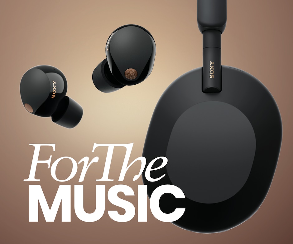 Luxury Sony headphones and earbuds float around the wording “For the music”