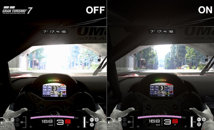 תמונות מסך מפוצל של Gran Turismo 7 שבהן מוצגים ההבדלים בין מיפוי גוון HDR אוטומטי מופעל וכבוי