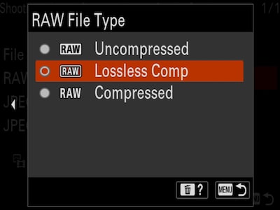 תפריט המצלמה "RAW File Type" (סוג קובץ RAW) עם סמן על "Lossless Comp" (דחיסה ללא אובדן