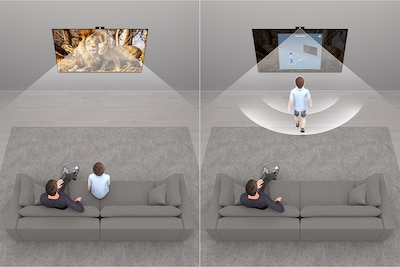 תצוגת מסך מפוצל עם תמונה משמאל המציגה שני אנשים על ספה שצופים בטלוויזיה, ותמונה מימין המציגה אחד מהאנשים צועד לעבר הטלוויזיה כשנשמעת התראה