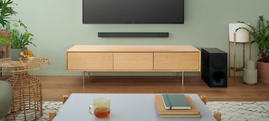 נקודת מבט של הצופה על טלוויזיה התלויה על הקיר ומקרן קול בסלון
