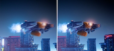 תמונת מסך כפול של חללית המרחפת מעל עיר עם תמונה משמאל המציגה צללים ותמונה מימין המציגה בהירות משופרת