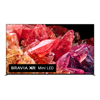 צילום צד קדמי של BRAVIA X95K עם תמונה של קריסטלים אדומים וכתומים על המסך