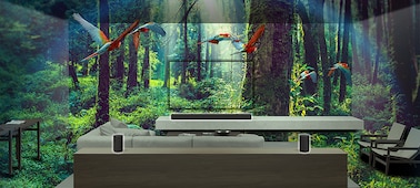 תמונה מורכבת של סלון עם ספה ומערכת צליל היקפי עם הגדרת ג'ונגל עבות