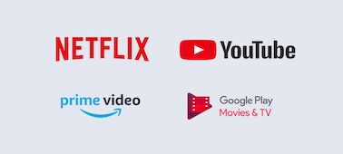 סמלי Netflix‏, YouTube‏, prime video ו-Google Play