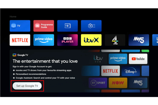 צילום מסך של דף הסקירה הכללית של Google TV בטלוויזיית BRAVIA עם הכרטיסייה 'הגדרת Google TV' מסומנת בתיבה אדומה