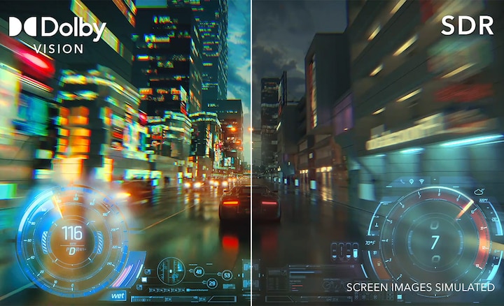 מסך מפוצל של משחק נהיגה המציג את Dolby Vision משמאל ו-SDR מימין