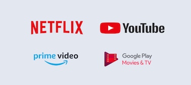 סמלי לוגו של Netflix‏, YouTube, ‏prime video טו-Google Play