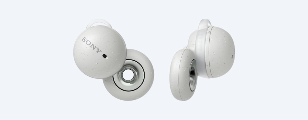 2 אוזניות LinkBuds לבנות, אחת במבט מלפנים, אחת במבט מהצד