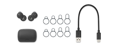 תמונה של מארז LinkBuds אפור עם אוזניות LinkBuds, חמישה גדלים של קשתות תמיכה וכבל טעינה USB-C