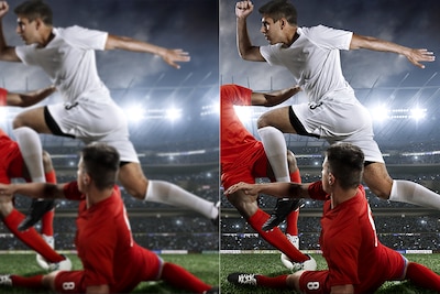 שתי תמונות להשוואת איכות התמונה של שחקן הקופץ מעל מכשול של שחקן אחר