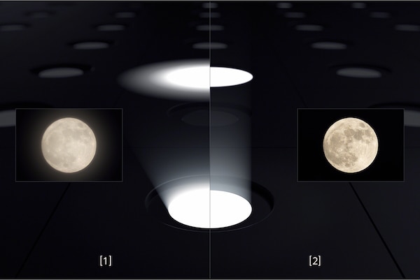 תמונה של מסך מפוצל של ירח ושל מקור אור שמשווה את רמת הפירוט בטלוויזיית Mini LED רגילה מצד שמאל, עם רמת הפירוט בטלוויזיית BRAVIA XR Mini LED מצד ימין שמראה פחות פיזור ובוהק