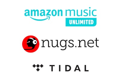 סמלי לוגו של Amazon Music Unlimited, ‏nugs.net ו-Tidal