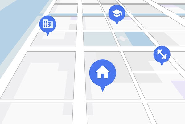 מפת רשת של רחובות עם סמני מיקום של בית, בית ספר ומשרד