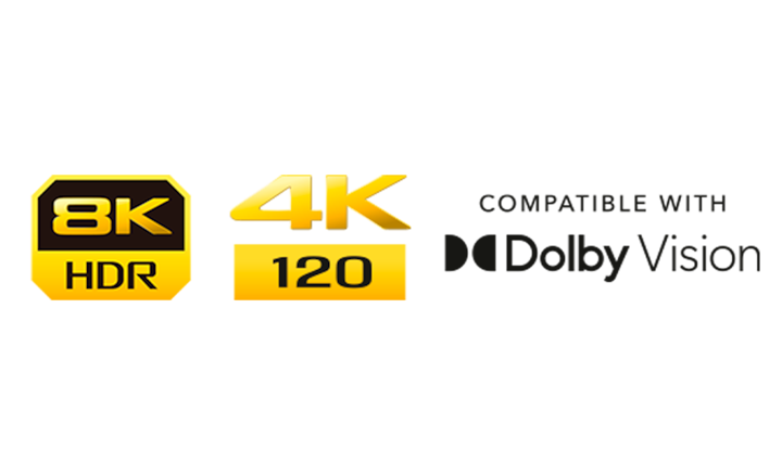 תמונת הלוגו של 8K HDR, הלוגו של 4K 120 והלוגו של Compatible with Dolby Vision.
