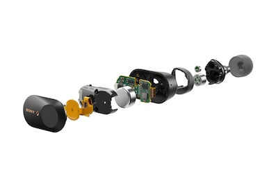 תצוגה מפוצלת של אוזניות WF-1000XM4 המציגה את הרכיבים הפנימיים