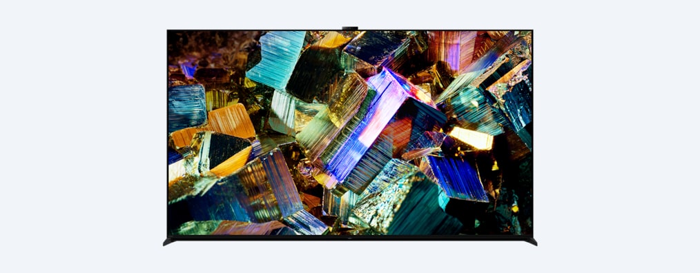 צילום מלפנים של טלוויזיית BRAVIA Z9K עם תמונה של קופסאות נוצצות וצבעוניות על המסך