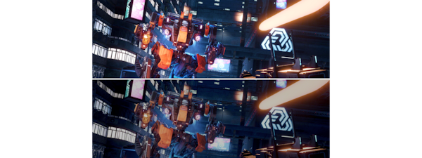 תמונת מסך מפוצל של רובוט בעיר עתידנית ומעליה תמונה המציגה בהירות וניגודיות אופטימליות במצב FPS להצגת תמונה במשחקים