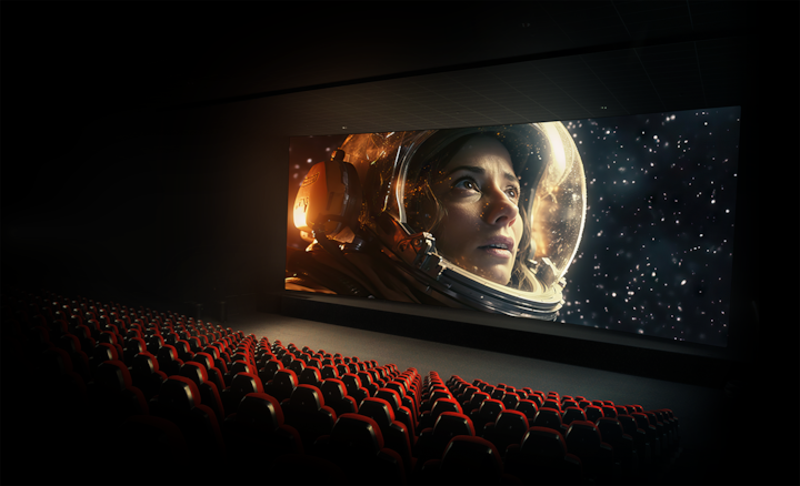 מבט על קולנוע עם שורות של מושבים אדומים ומסך קולנוע המציג אסטרונאוט בחלל
