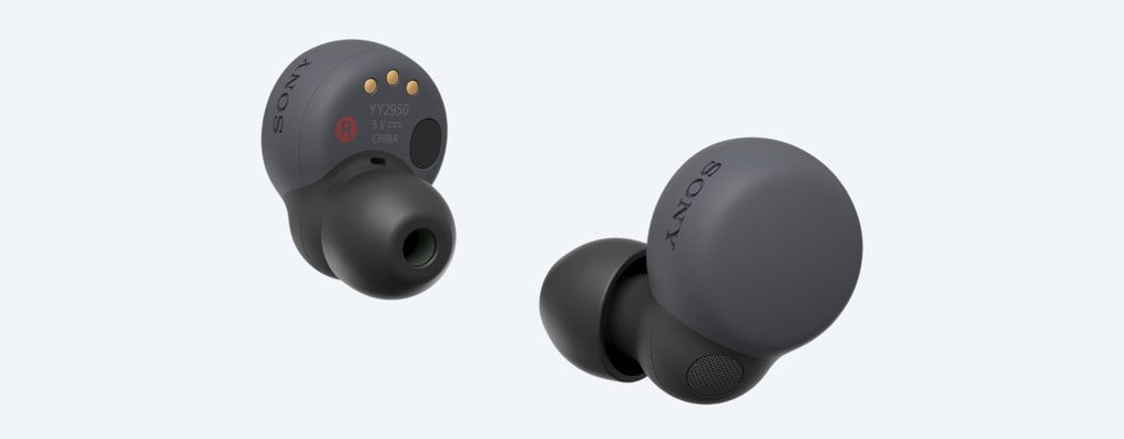 תמונות מזוויות שונות של LinkBuds S אפורות המציגות את החלקים הפנימיים והחיצוניים של אוזניות הכפתור