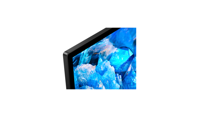 A75K BRAVIA TV תקריב של מסגרת עם צילום מסך של קריסטלים כחולים
