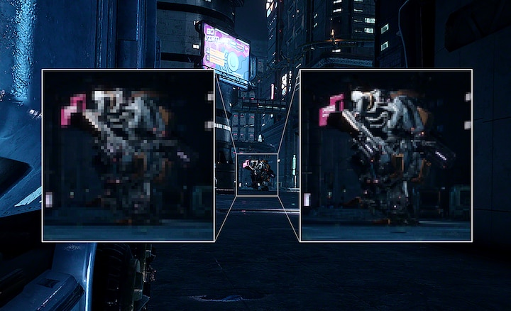 תמונת מסך של רובוטים בעיר עתידנית עם רובוט שמודגש משמאל ומוצג בתמונה מטושטשת ורובוט שמודגש מימין ומוצג בתמונה חדה באיכות 4K