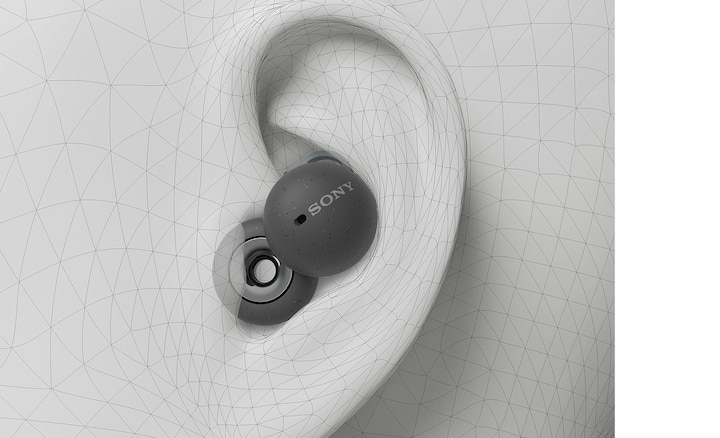 איור של אוזניית LinkBud אפורה באוזן