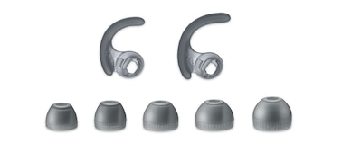 תמונה שמציגה שני סוגים של קשתות תומכות וחמישה סוגים של אוזניות כפתור מגומי-סיליקון היברידי