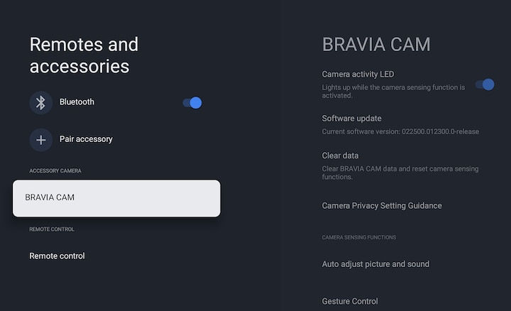 צילום מסך של הדף 'שלט רחוק ואביזרים', עם BRAVIA CAM מסומנת בכרטיסייה לבנה ואפשרויות ההגדרה של BRAVIA CAM בצד ימין
