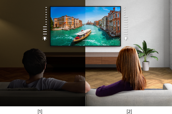 תמונה של חדר שבו שני אנשים צופים בצג טלוויזיה, הצד השמאלי במצב חשוך והצד הימני במצב מואר.