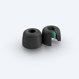 זוג קצוות אוזניות כפתור לבידוד רעשים מסוג EP-NI1000M, שאחד מהם חתוך וחושף חתך פנימי ירוק