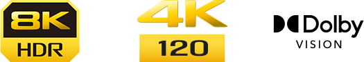 סמלי לוגו של 8K HDR‏, 4K 120 ו-Dolby Vision