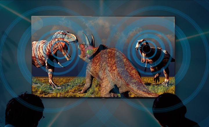 תמונה של דינוזאורים שממחישה איך טכנולוגיית Acoustic Surface מאפשרת להשמיע צליל מהמקום הנכון בסצנה
