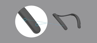 Three-quarter view of SRS-NB10 Wireless Neckband Speaker, with detail showing where the microphones are located