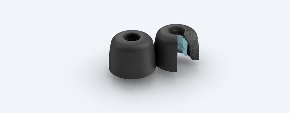 זוג קצוות אוזניות כפתור לבידוד רעשים מסוג EP-NI1000L, שאחד מהם חתוך וחושף חתך פנימי כחול
