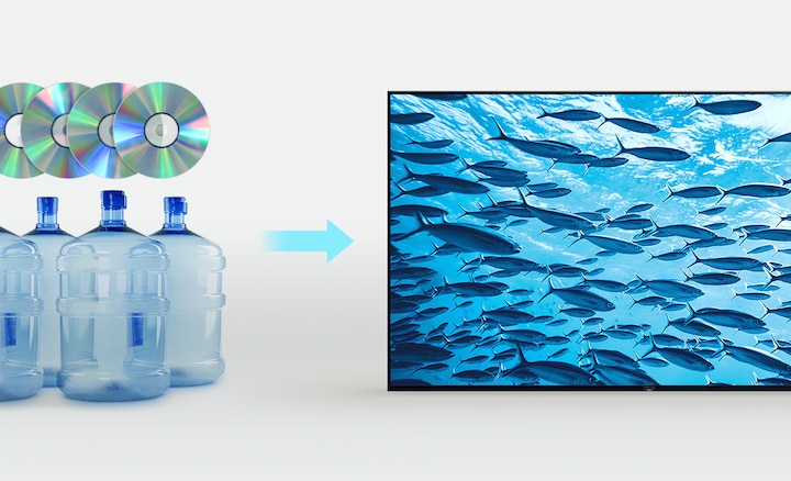תמונה של ארבעה בקבוקי פלסטיק וארבעה דיסקים בצד השמאלי של התמונה, וחץ המצביע על טלוויזיית BRAVA עם תמונת מסך של דג שוחה באוקיינוס בצד הימני של התמונה.