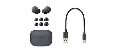 תמונה של מארז אוזניות LinkBuds S באפור עם LinkBuds S‏, 3 זוגות נוספים של קצוות אוזניות כפתור וכבל טעינה מסוג USB-C