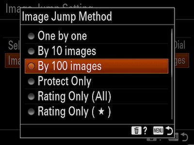 תפריט מצלמה "לשיטת קפיצת תמונות", עם הסמן על "ב-100 תמונות"