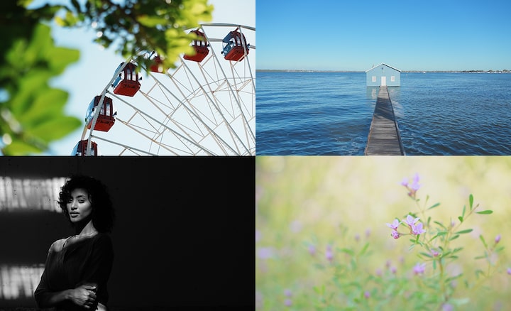 4 תמונות לדוגמה של 'מראה יצירתי': גלגל ענק, בית סירות, תמונת פורטרט של אישה, תמונת מאקרו של פרחי בר