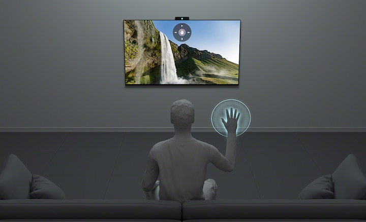 דמות CGI יושבת בחדר מול טלוויזיית BRAVIA עם BRAVIA CAM שעושה שימוש בבקרת מחוות