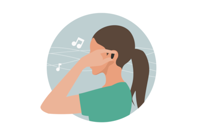 איור של אדם המניח באוזנו אוזניית כפתור, ומאחוריו שורות ותווים, מוקפים בעיגול אפור