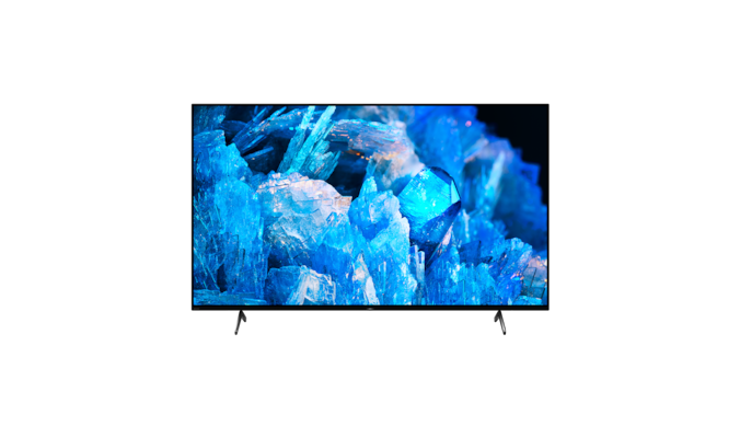 A75K BRAVIA TV צילום קדמי עם מעמד וצילום מסך של קריסטלים כחולים